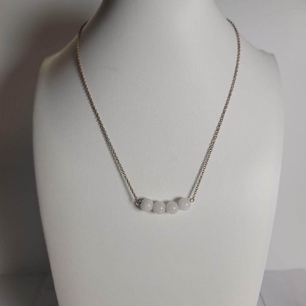 White Quartz Bead Bar Necklace Silver Tone Adjustable‎ Chain Minimalist Chic